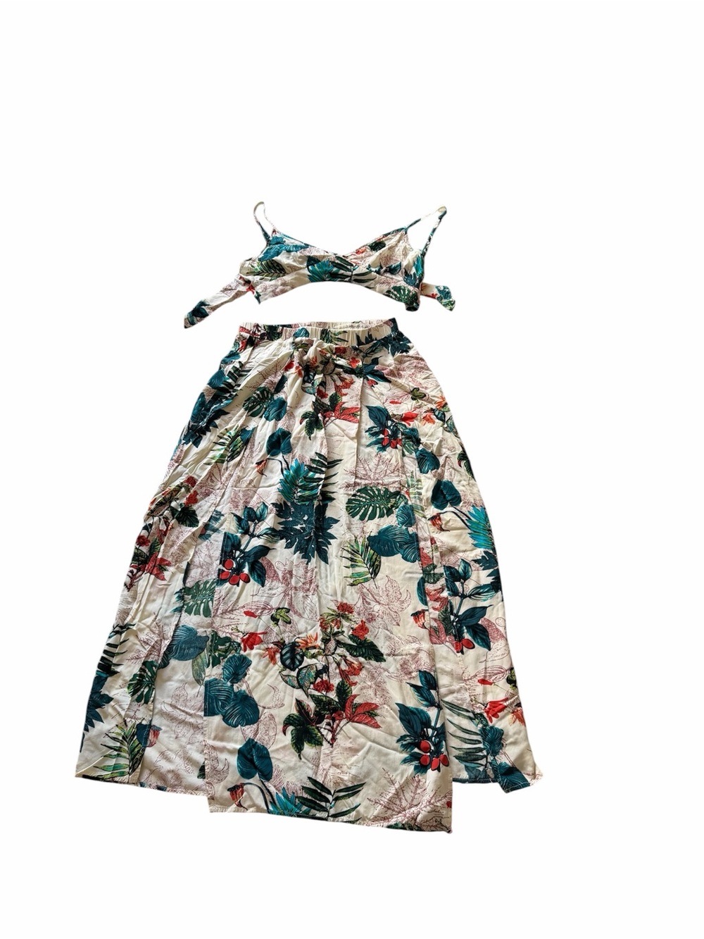 Tropical Floral Two-Piece Girls Dress Set - Teal & White